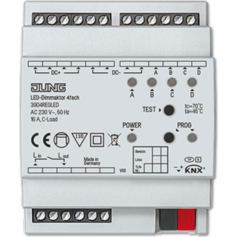 Актуатор JUNG KNX LED - диммирующий 4 канала 4 модуля для управления светодиодными лампами и светодиодными модулями 12-24 В , монтаж на DIN-рейку