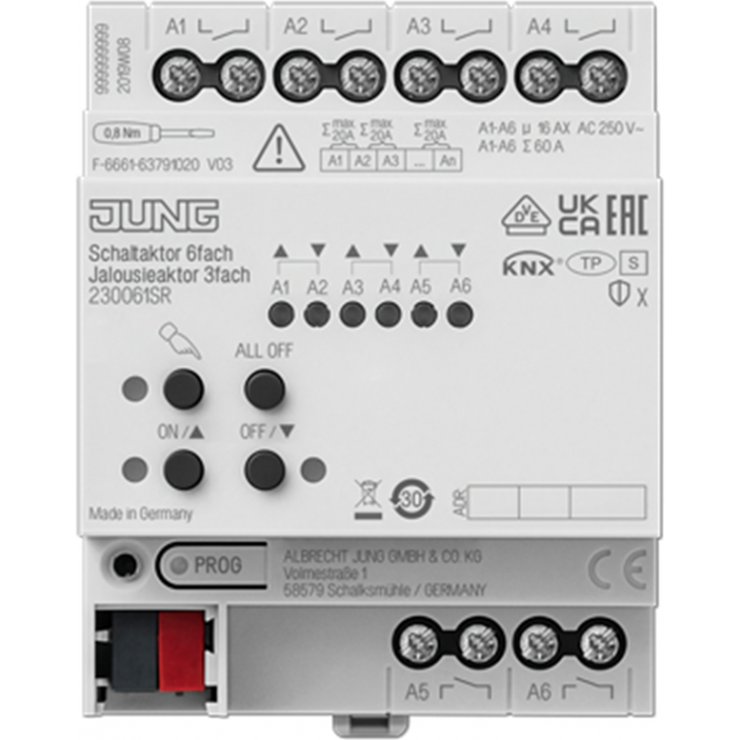 Актуатор коммутирующий JUNG KNX 6 каналов света 3 канала жалюзи 230061SR