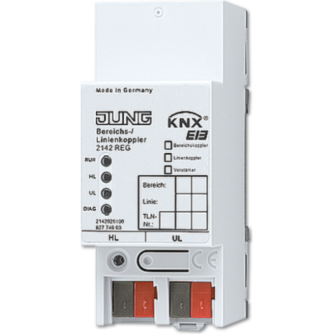 Зональный/линейный соединитель JUNG KNX совместимо с KNX Data Secure, монтаж на DIN-рейку 2 модуля 2142REG